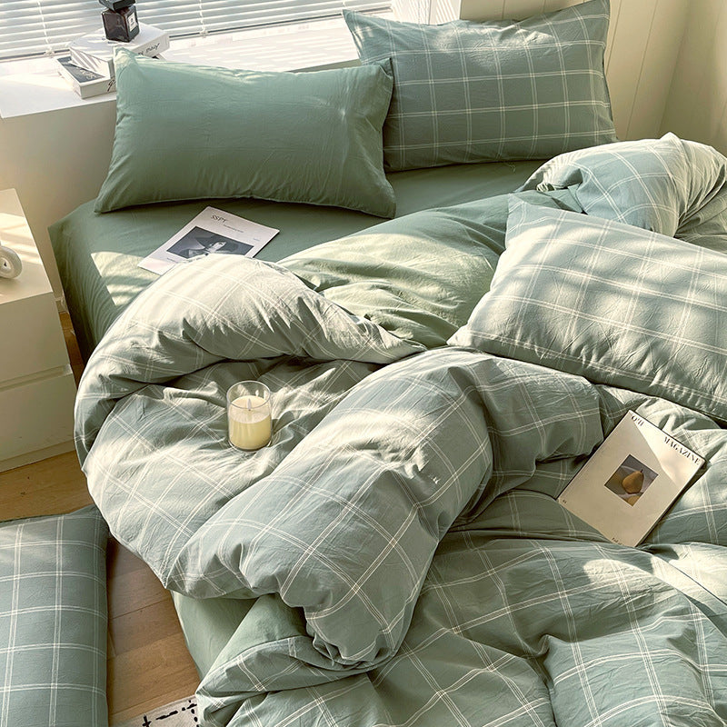 Cotton Dyed Washed Cotton Bedding Set Pure Cotton A Class Flat Sheet Quilt Cover Fitted Sheet Quilt Cover Three-Piece Set Striped