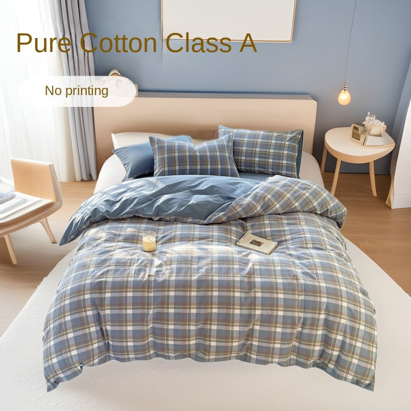 Cotton Dyed Washed Cotton Bedding Set Pure Cotton A Class Flat Sheet Quilt Cover Fitted Sheet Quilt Cover Three-Piece Set Striped