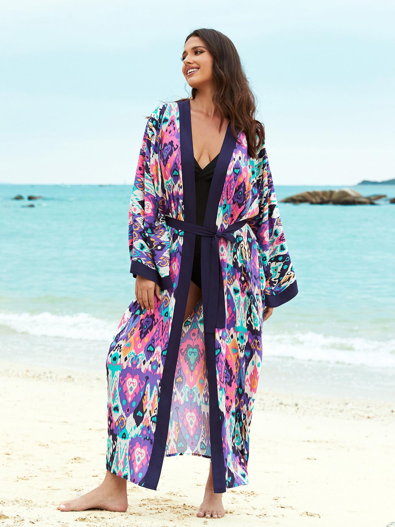 Rayon Printed Beach Cover up Sexy Cardigan Loose Vacation Sun Protection Shirt Beach Cover Up