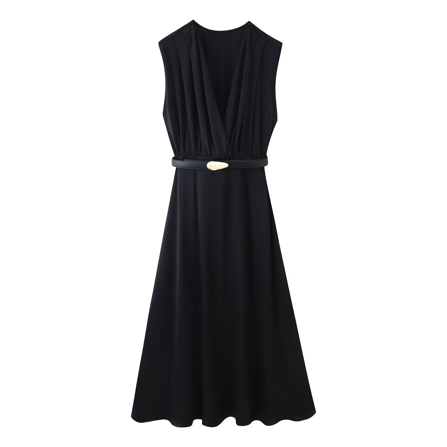 Summer Women Casual Slimming Solid Color V neck with Belt Stitching Midi Dress