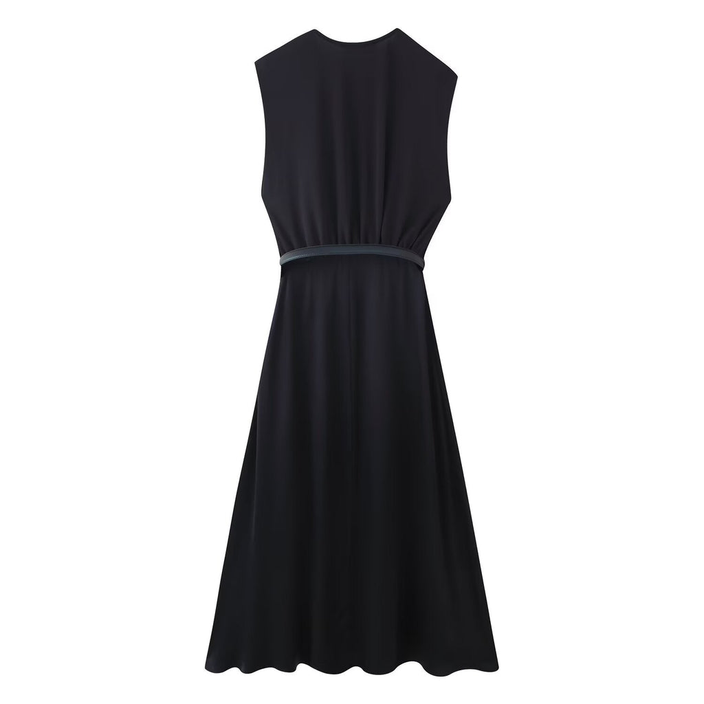 Summer Women Casual Slimming Solid Color V neck with Belt Stitching Midi Dress