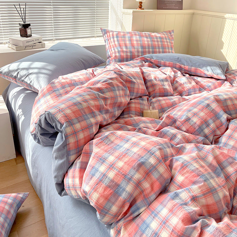 Cotton Dyed Washed Cotton Bedding Set Pure Cotton A Class Flat Sheet Quilt Cover Fitted Sheet Quilt Cover Three-Piece Set Striped