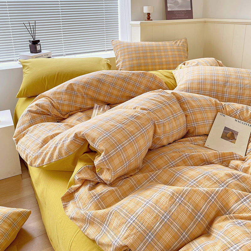 Cotton Dyed Washed Cotton Bedding Set Pure Cotton A Class Flat Sheet Quilt Cover Fitted Sheet Quilt Cover Three-Piece Set Striped