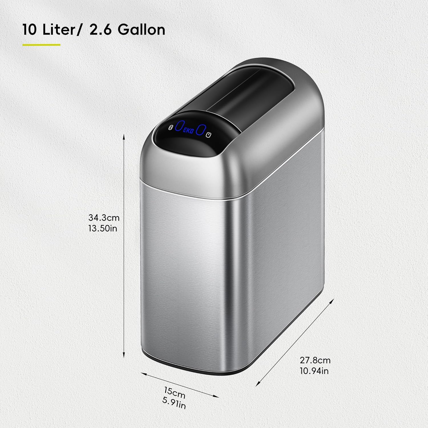 EKO Astro Slim Sensor Trash Can, 10L / 2.6 Gallon Touchless Garbage Bin with Soft-Close Butterfly Lid, Motion Sensor Stainless Steel Trash Can for Bathroom, Kitchen and Office, Waterproof