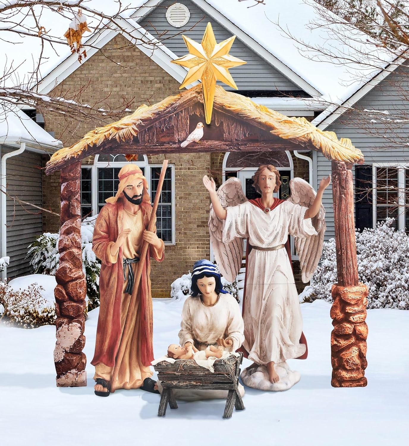 THREE KINGS GIFTS THE ORIGINAL GIFTS OF CHRISTMAS Holy Family and Angel Outdoor Nativity Bundled with Eighty One Inch Tall Stable