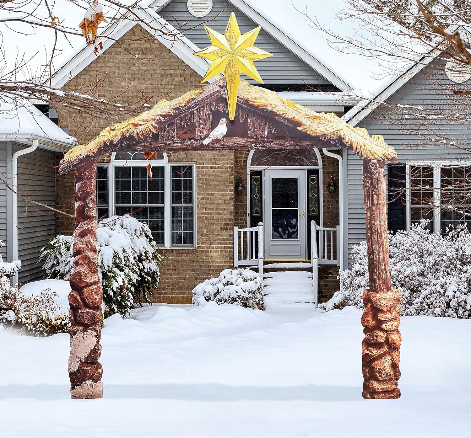 THREE KINGS GIFTS THE ORIGINAL GIFTS OF CHRISTMAS Holy Family and Angel Outdoor Nativity Bundled with Eighty One Inch Tall Stable