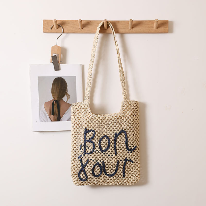 Letter Graphic Embroidery One Shoulder Straw Bag Hollow Out Cutout out Straw Bag Woven Bag Vacation Beach Bag Women Bag
