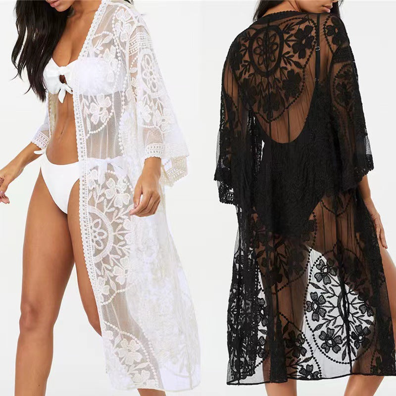 Lace Mesh Crochet Beach Cover up Seaside Vacation Bikini Sun Protection Clothing