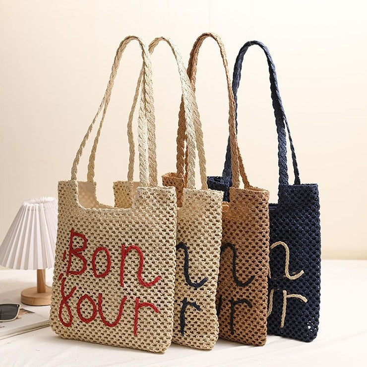 Letter Graphic Embroidery One Shoulder Straw Bag Hollow Out Cutout out Straw Bag Woven Bag Vacation Beach Bag Women Bag
