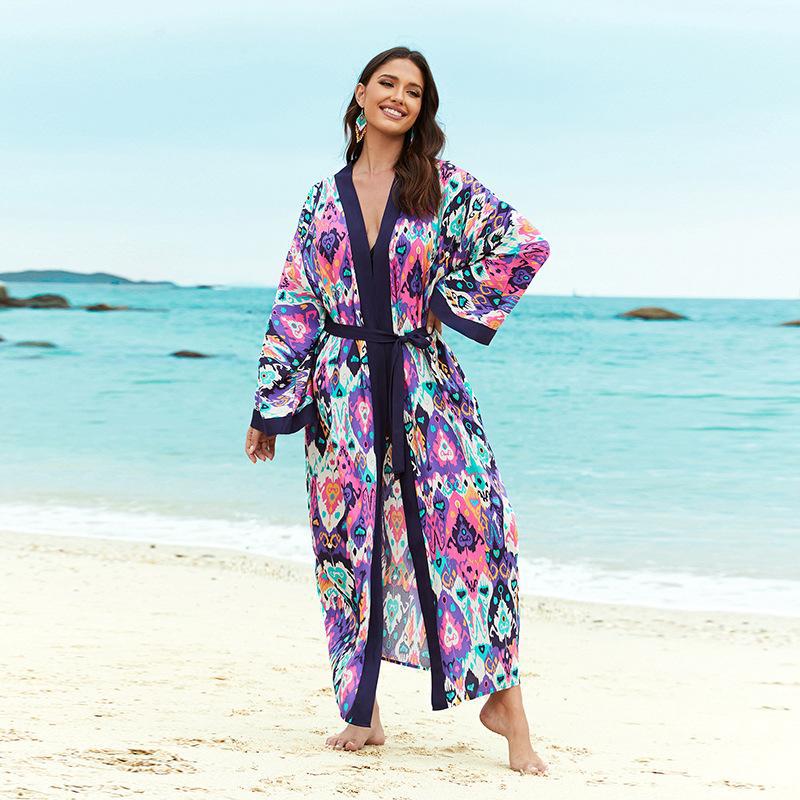 Rayon Printed Beach Cover up Sexy Cardigan Loose Vacation Sun Protection Shirt Beach Cover Up