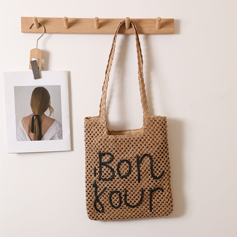 Letter Graphic Embroidery One Shoulder Straw Bag Hollow Out Cutout out Straw Bag Woven Bag Vacation Beach Bag Women Bag