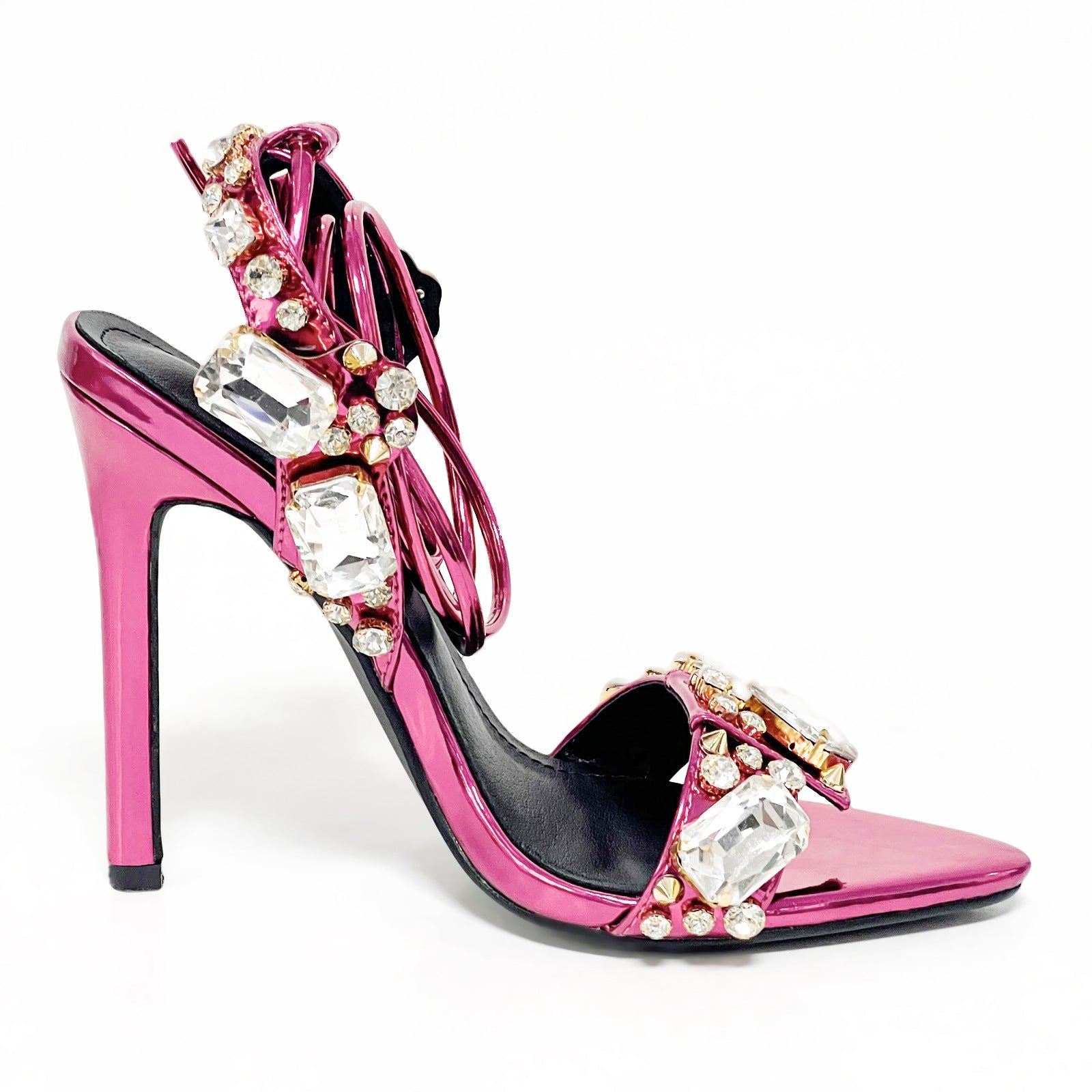 11cm Pointed Gold Rivet Rhinestone Stiletto Heels Summer Sandals Shoes