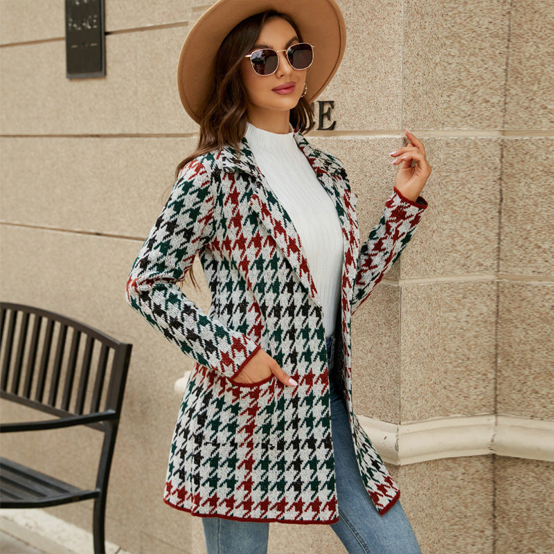Long Sweater Contrast Houndstooth Knit Cardigan Trench Coat