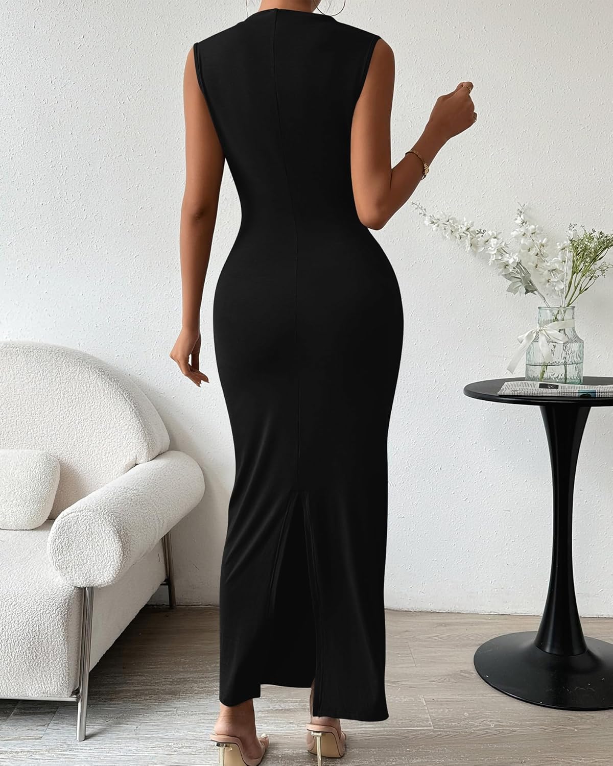 BTFBM Women's Ruched Bodycon Dress Summer Casual Sleeveless Back Slit Elegant Club Evening Party Cocktail Maxi Dresses
