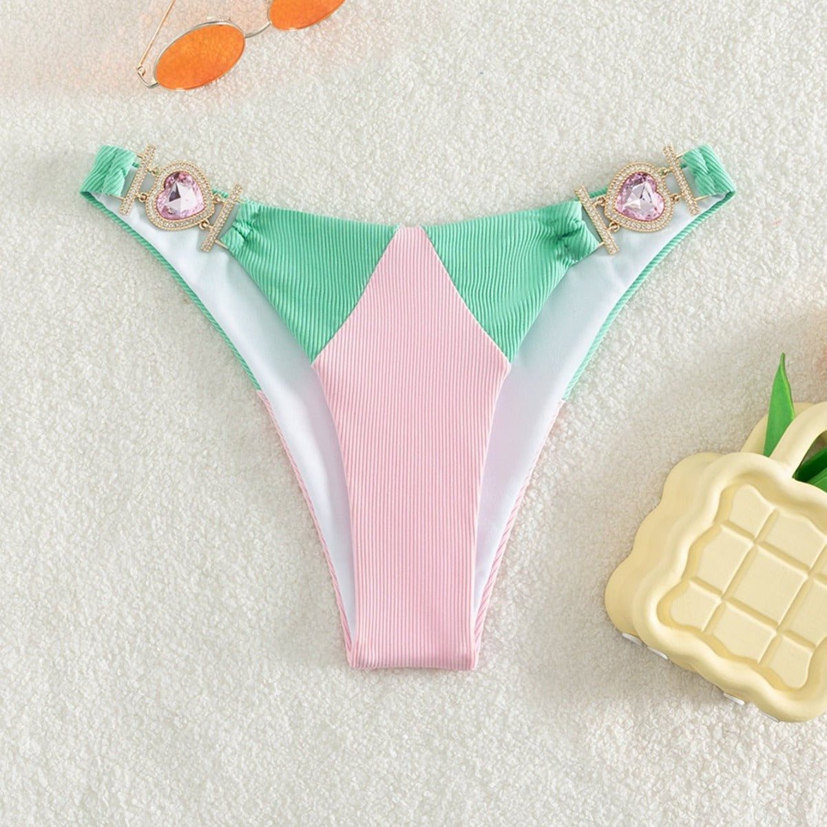 Color Matching Lace up Sunken Stripe High Waist Bikini Sexy Split Swimsuit - Alyas Rasooli