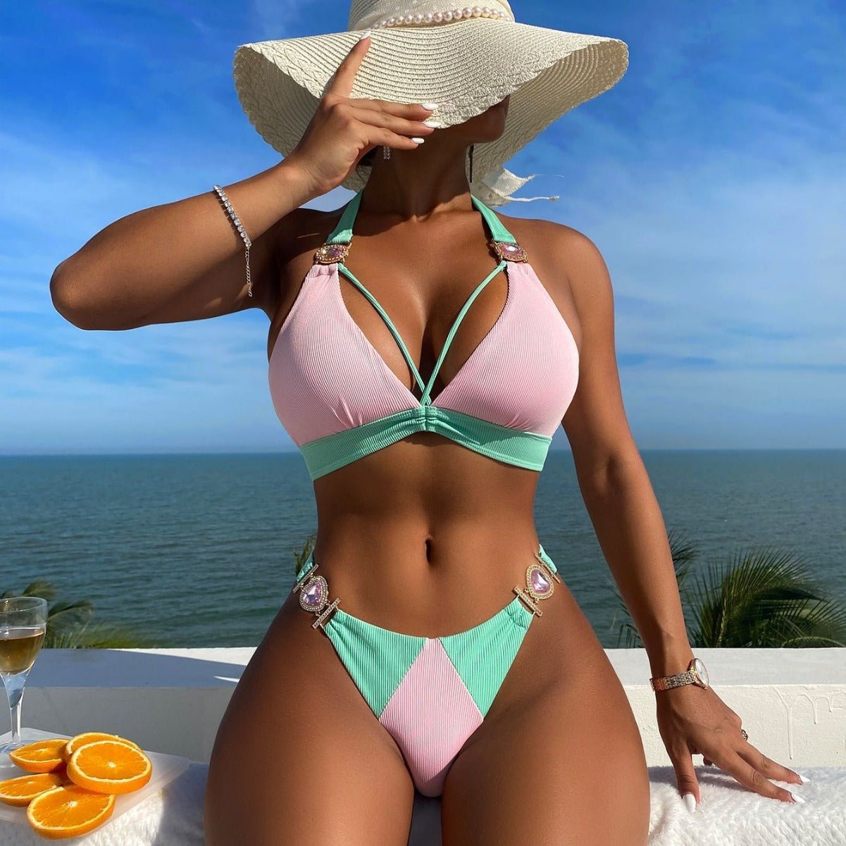 Color Matching Lace up Sunken Stripe High Waist Bikini Sexy Split Swimsuit - Alyas Rasooli