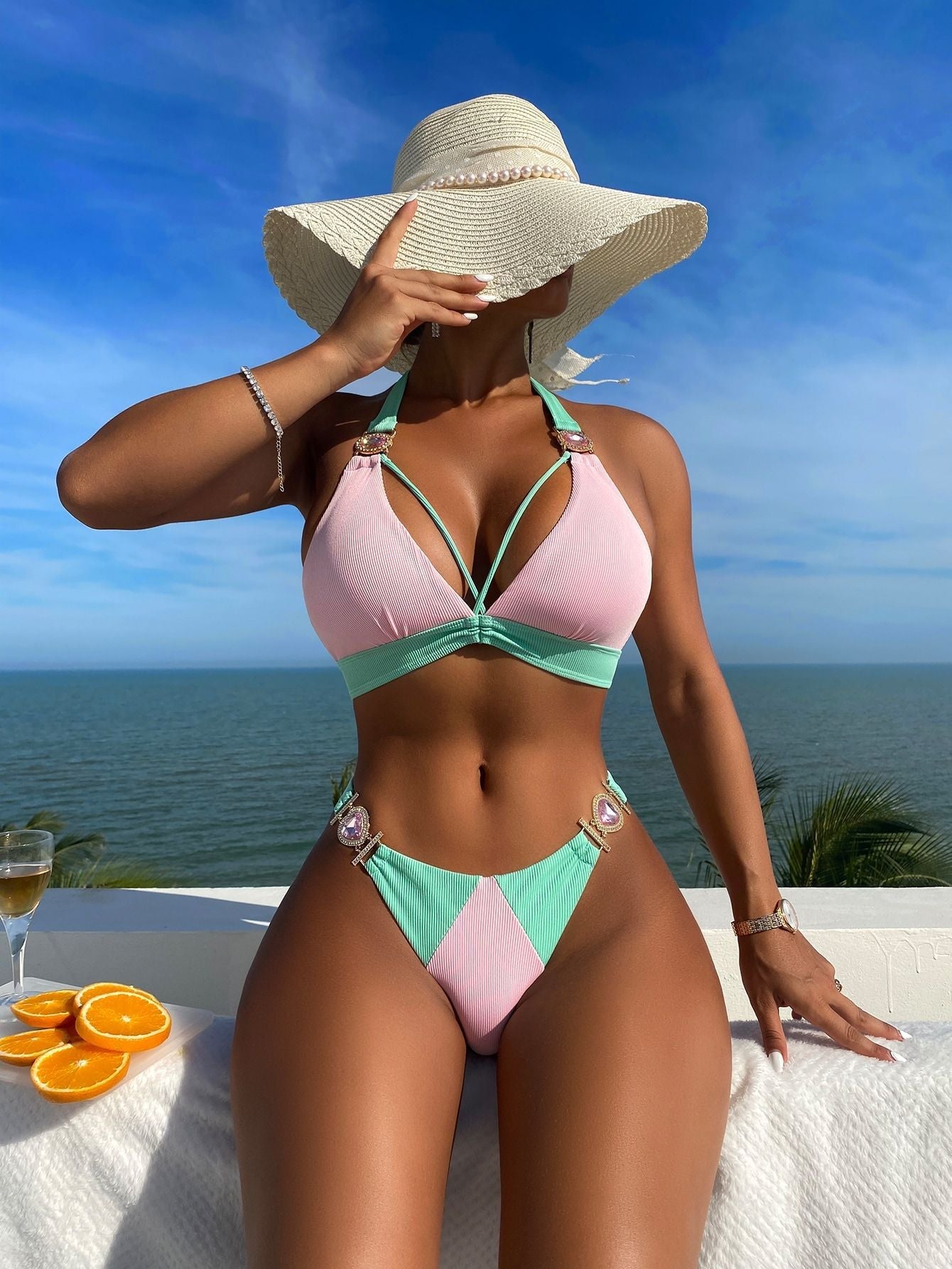 Color Matching Lace up Sunken Stripe High Waist Bikini Sexy Split Swimsuit - Alyas Rasooli