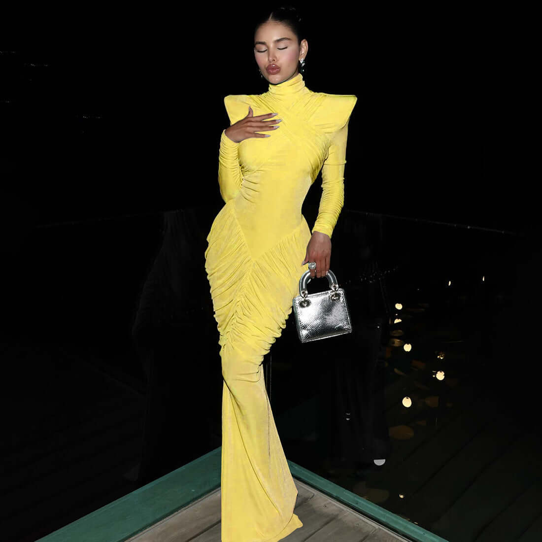 Fall Women Clothing Solid Color Turtleneck Backless Stitching Pleated Slim Fit Dress - Alyas Rasooli