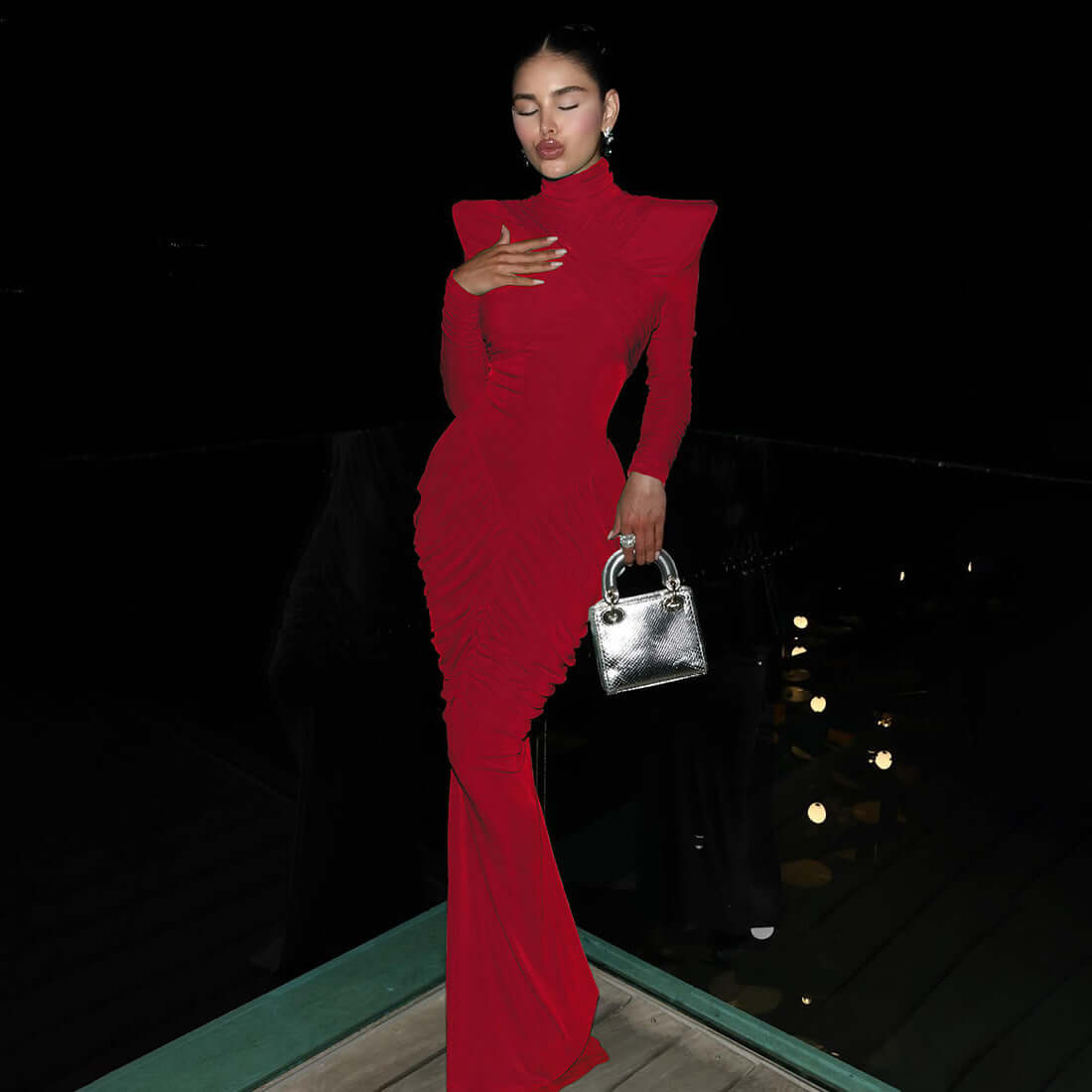 Fall Women Clothing Solid Color Turtleneck Backless Stitching Pleated Slim Fit Dress - Alyas Rasooli