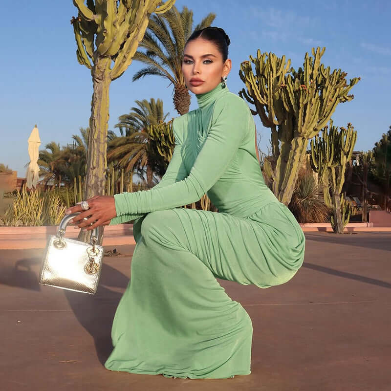 Fall Women Clothing Solid Color Turtleneck Backless Stitching Pleated Slim Fit Dress - Alyas Rasooli