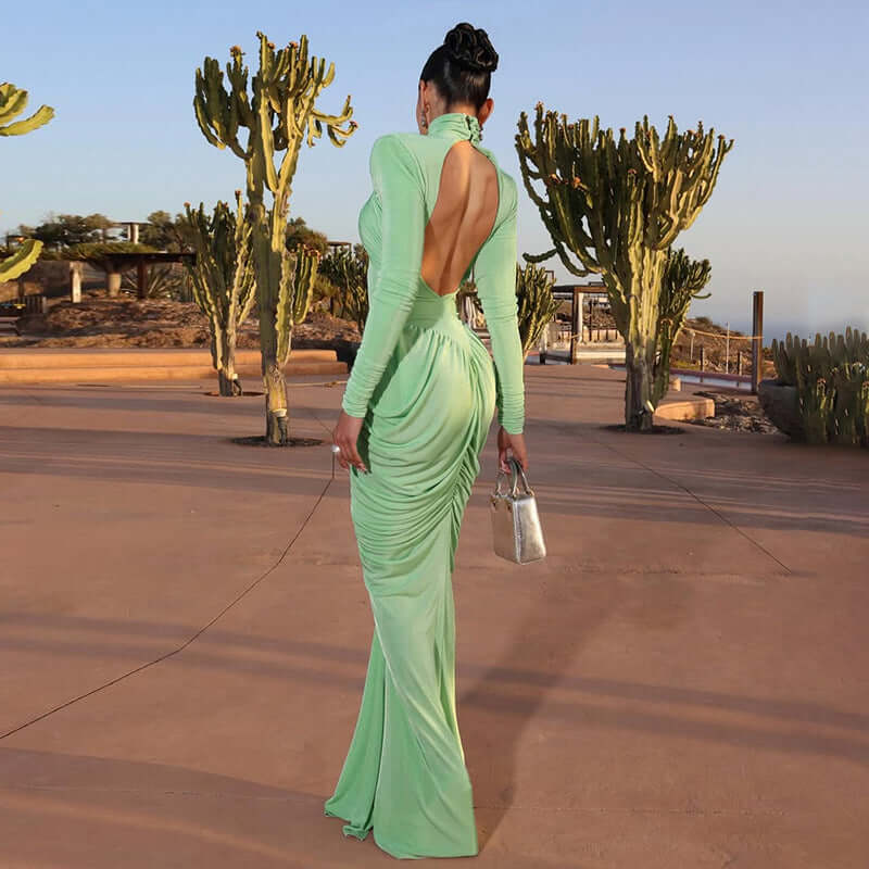 Fall Women Clothing Solid Color Turtleneck Backless Stitching Pleated Slim Fit Dress - Alyas Rasooli