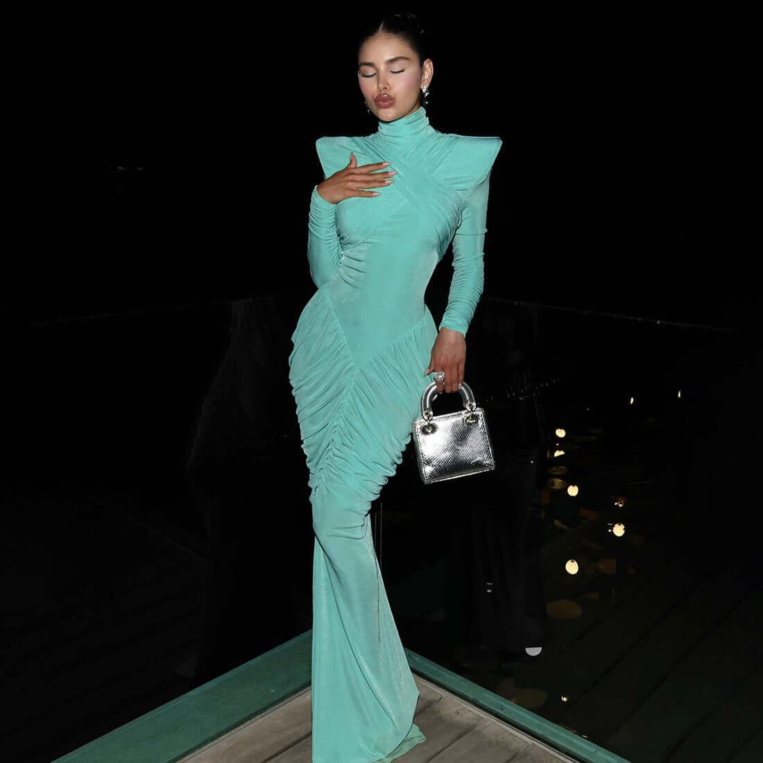 Fall Women Clothing Solid Color Turtleneck Backless Stitching Pleated Slim Fit Dress - Alyas Rasooli