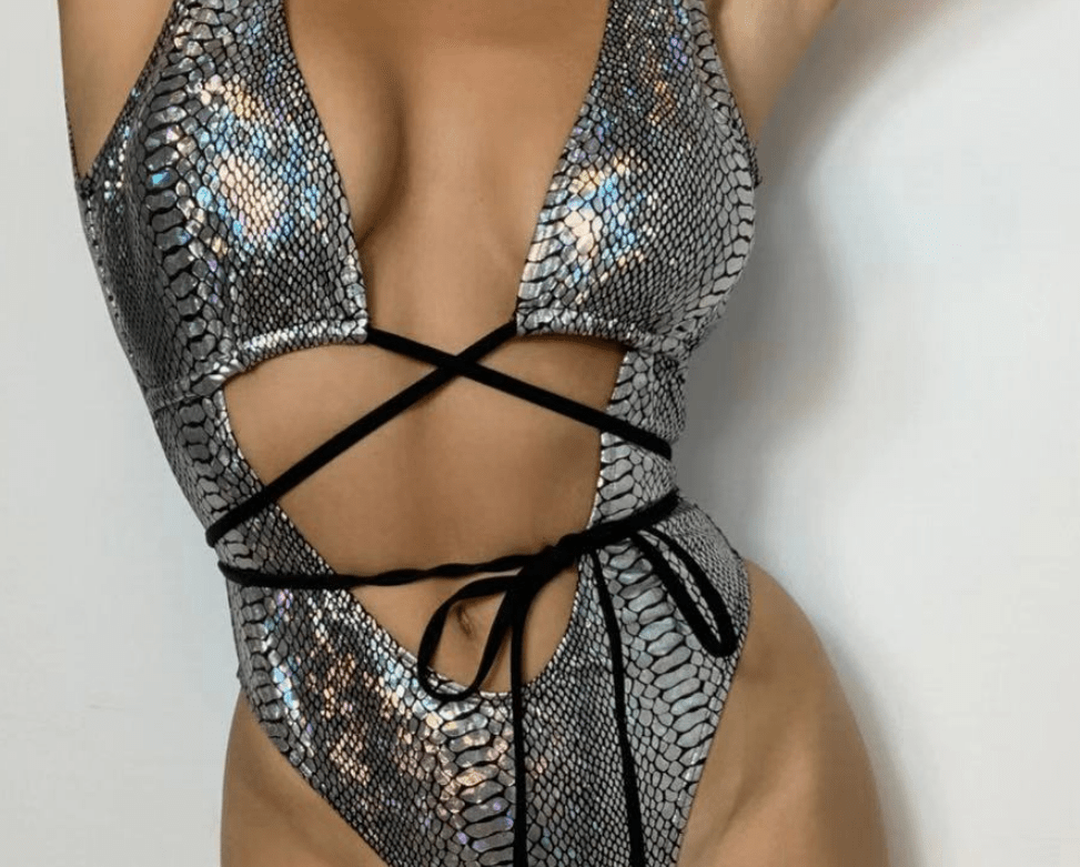 One Piece Swimsuit Women Sexy Backless Sleeveless Faux Leather Lace up Swimsuit - Alyas Rasooli