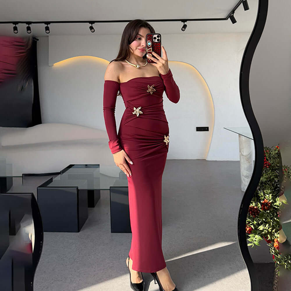 Pleated Long Sleeved Women Dress Fashionable Sexy Sheath Slim Fit Dress - Alyas Rasooli