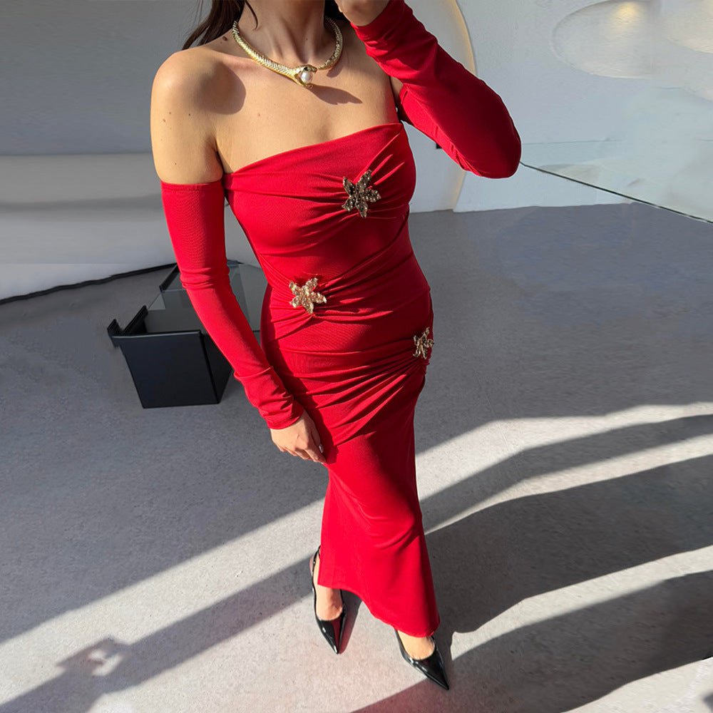 Pleated Long Sleeved Women Dress Fashionable Sexy Sheath Slim Fit Dress - Alyas Rasooli