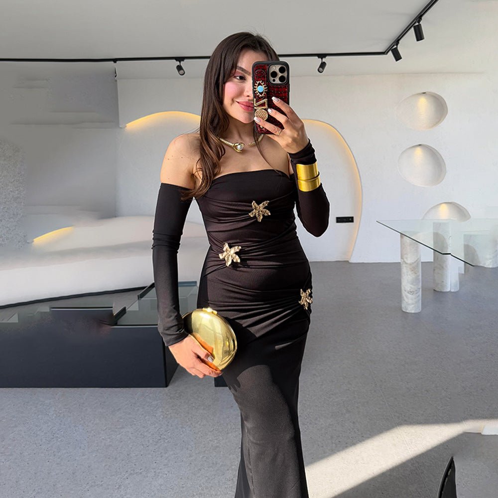 Pleated Long Sleeved Women Dress Fashionable Sexy Sheath Slim Fit Dress - Alyas Rasooli