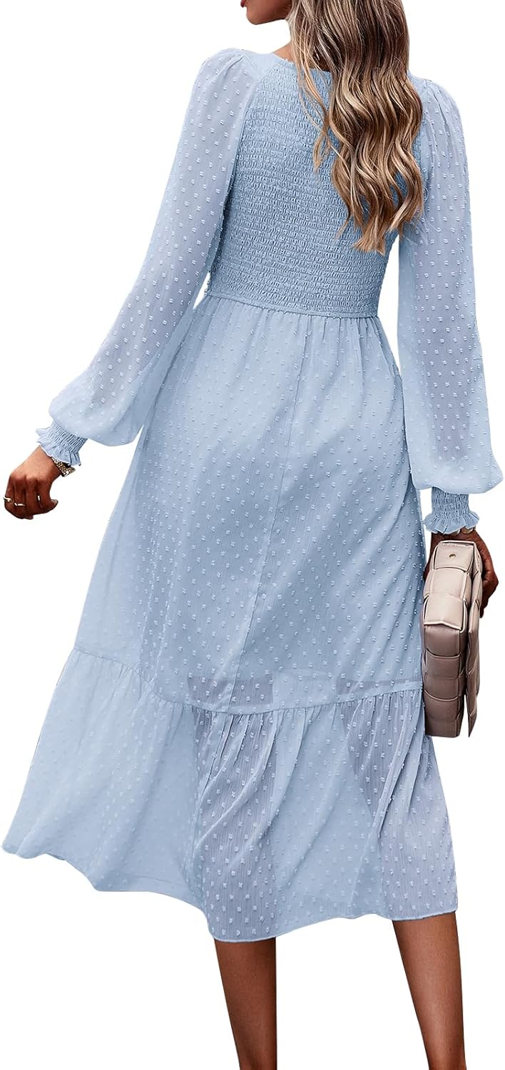 PRETTYGARDEN Women's Fall Dresses 2025 Long Sleeve V Neck Swiss Dot Empire Waist Chiffon Dress Ruffle Smocked Midi Dresses