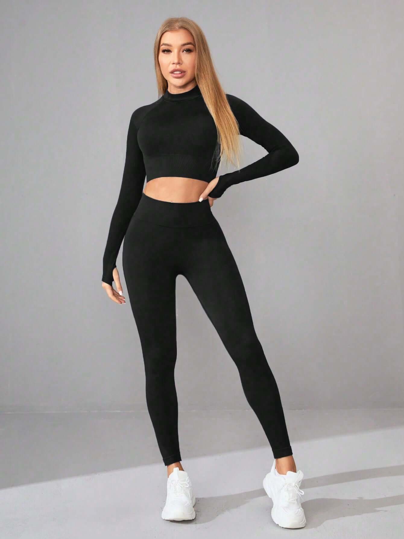 Seamless Yoga Clothes Women Long Sleeved Sports Top High Waist Hip Lift Sports Tights Trousers Set - Alyas Rasooli