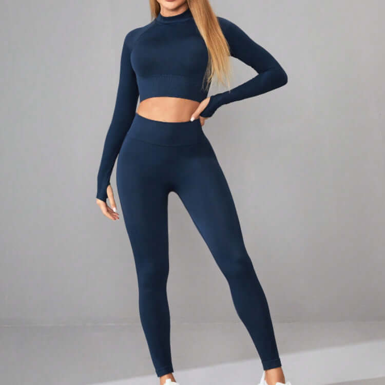Seamless Yoga Clothes Women Long Sleeved Sports Top High Waist Hip Lift Sports Tights Trousers Set - Alyas Rasooli