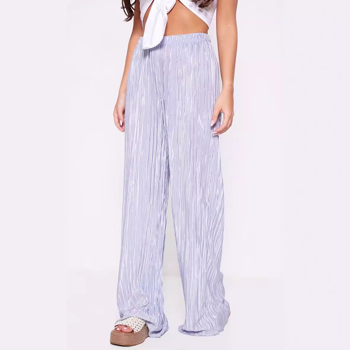 Summer Women Wide Leg Pants High Grade Luxury Pleated Satin Flash Casual Pants - Alyas Rasooli