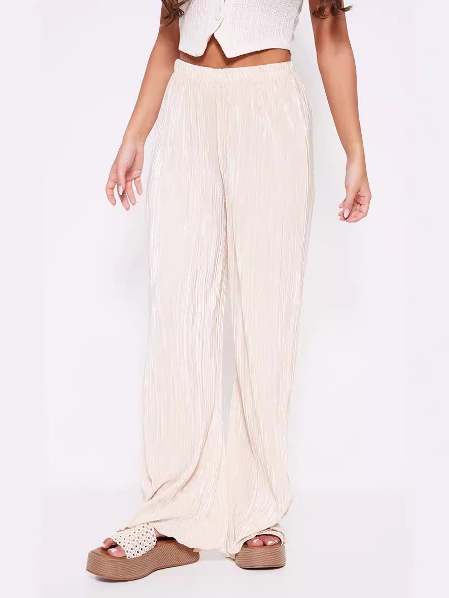Summer Women Wide Leg Pants High Grade Luxury Pleated Satin Flash Casual Pants - Alyas Rasooli