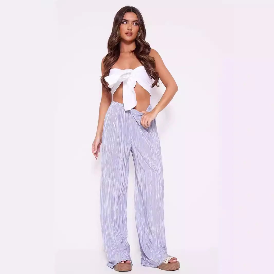 Summer Women Wide Leg Pants High Grade Luxury Pleated Satin Flash Casual Pants - Alyas Rasooli