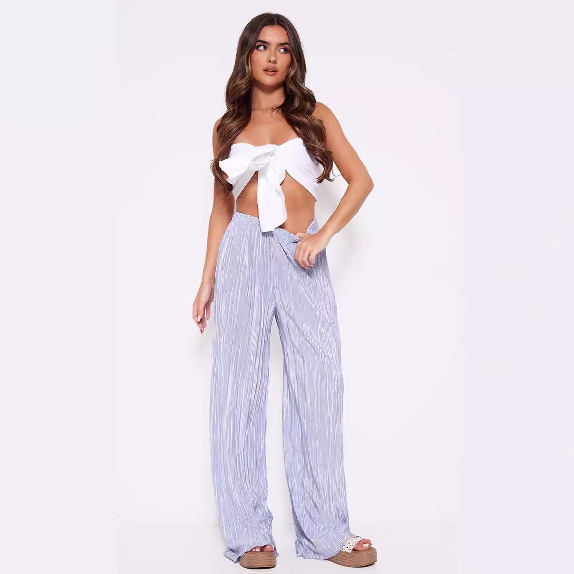 Summer Women Wide Leg Pants High Grade Luxury Pleated Satin Flash Casual Pants - Alyas Rasooli