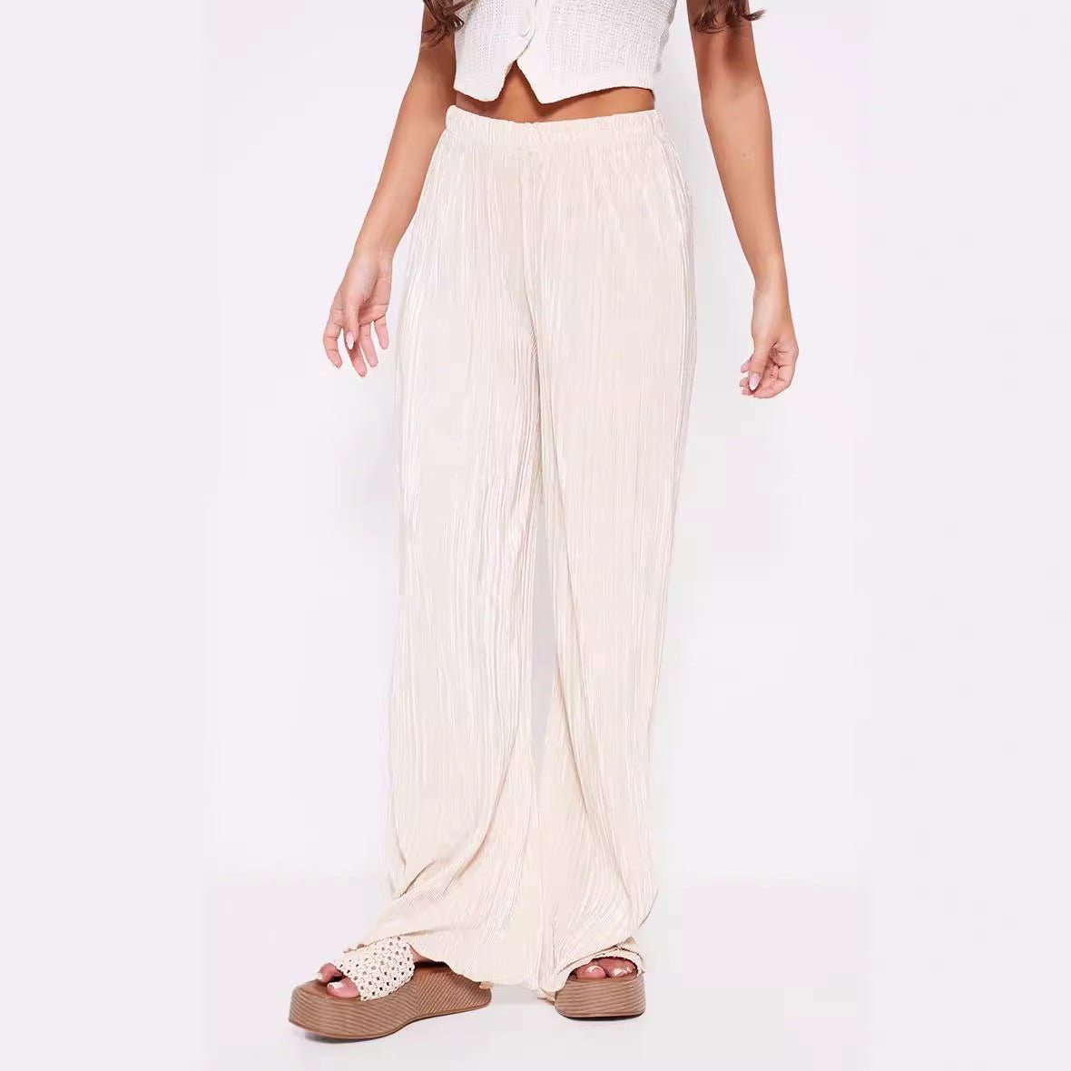 Summer Women Wide Leg Pants High Grade Luxury Pleated Satin Flash Casual Pants - Alyas Rasooli