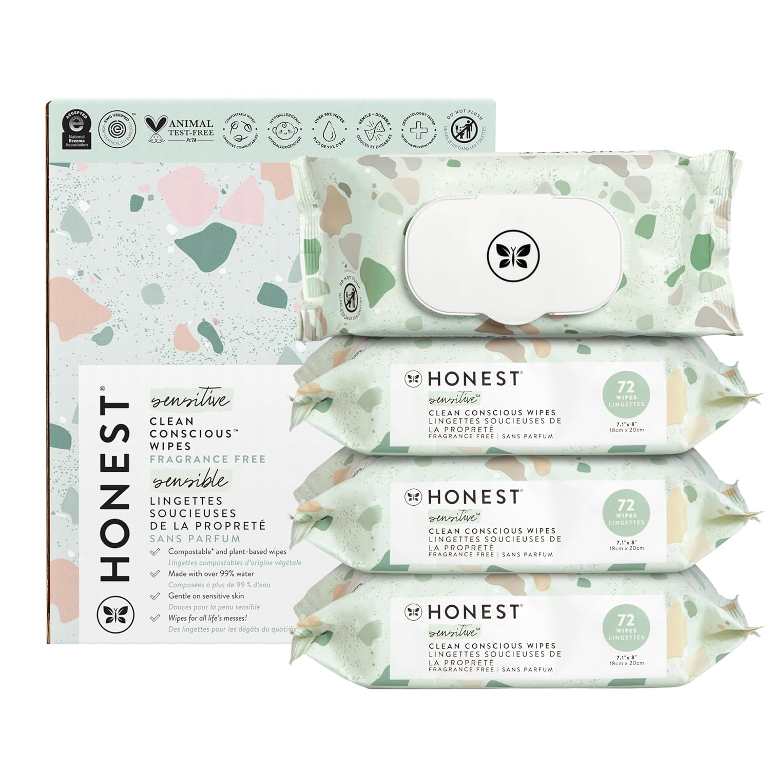 The Honest Company Clean Conscious Multi-Use Wipes | Hypoallergenic + Unscented for Sensitive Skin | Over 99% Water, Compostable, Plant Based, Baby Wipes | Geo Mood, 288 Count