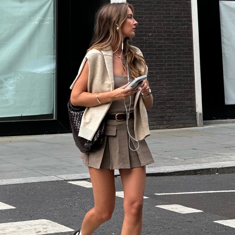 Women Clothing Autumn Personality Street Retro Bandeau Slim Fit Dress Pleated Dress - Alyas Rasooli