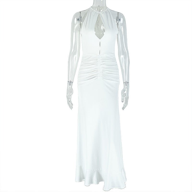 Women Clothing Pleated Sexy Cutout Hip Slim Fit Turtleneck Sleeveless Solid Color Length Dress - Alyas Rasooli