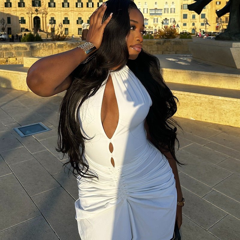 Women Clothing Pleated Sexy Cutout Hip Slim Fit Turtleneck Sleeveless Solid Color Length Dress - Alyas Rasooli