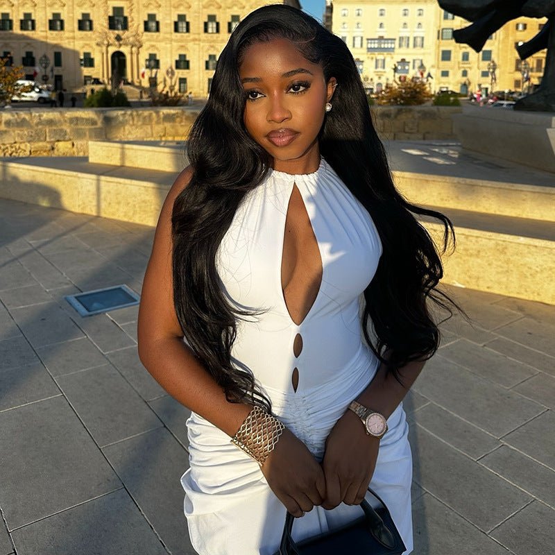 Women Clothing Pleated Sexy Cutout Hip Slim Fit Turtleneck Sleeveless Solid Color Length Dress - Alyas Rasooli