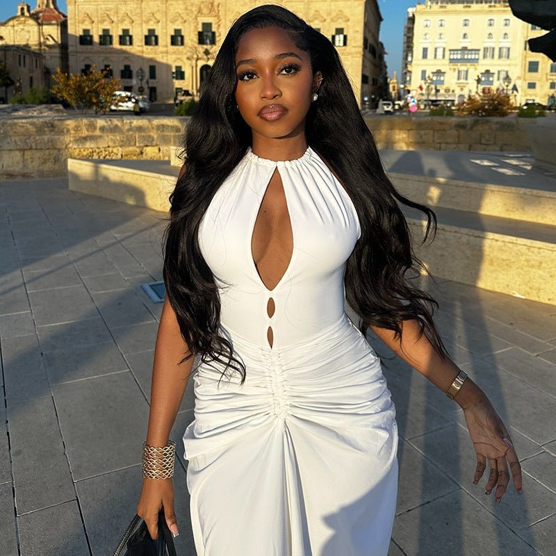 Women Clothing Pleated Sexy Cutout Hip Slim Fit Turtleneck Sleeveless Solid Color Length Dress - Alyas Rasooli